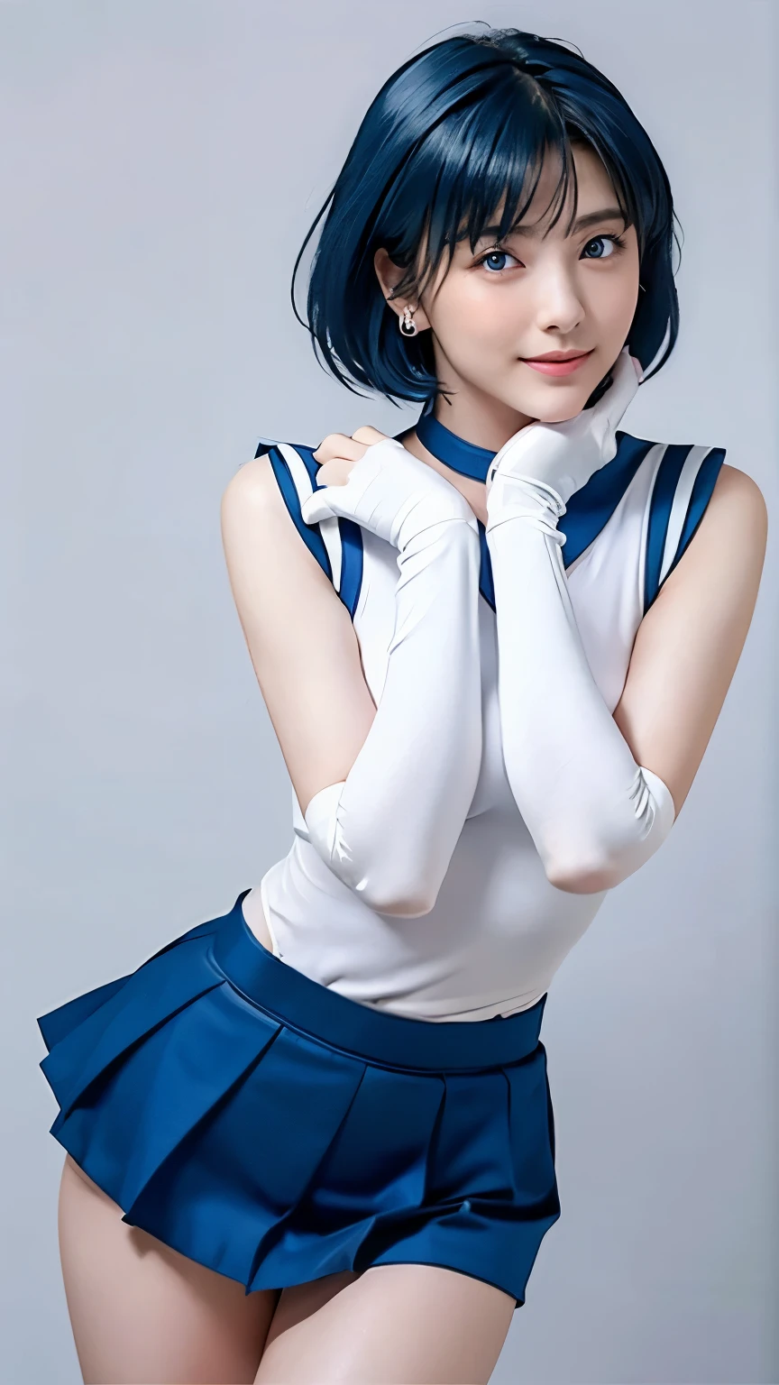 masterpiece、high quality、High resolution、Realistic、professional lighting、Japanese、woman、cute、young、White skin、slender、,(Blue Hair:1.3), short hair,  (Nice hands, sexy, slim, Large Breasts, skinny, Tight waist, Human Anatomy:1.1)blue eyes, Sailor Warrior Uniforms, Blue sailor collar, bow, Knee Boots, choker, (White gloves:1.3), blue choker, (elbow gloves:1.3), jewelry, Earrings, Blue Skirt,open arms、standing on one leg、smile、whole body、White background