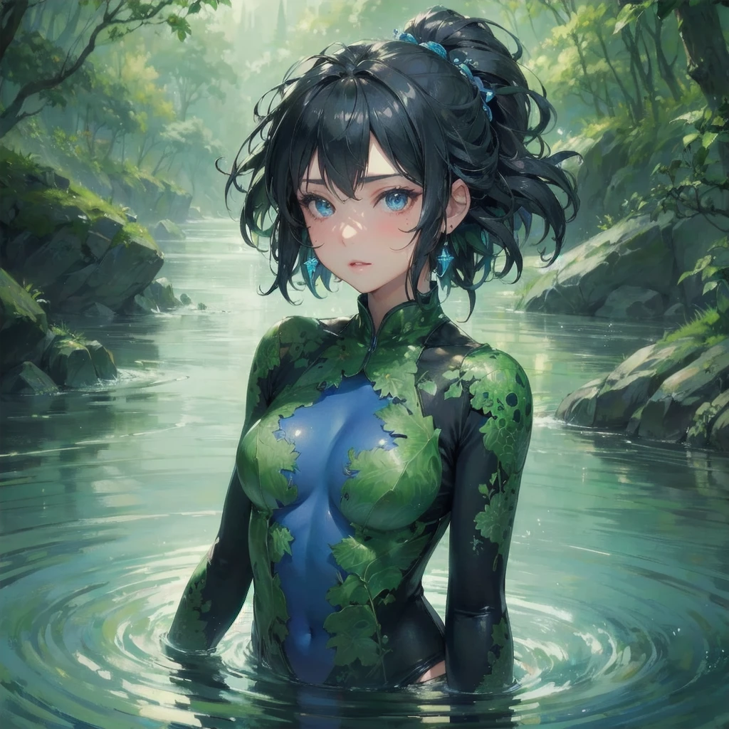 masterpiece, (textured skin), best quality, gorgeous beautiful girl, (a Kappa, female japanese water element),detailed clothes,large breasts,narrow waist,, (beautiful face), cinematic lighting, (fantasy anime art ),