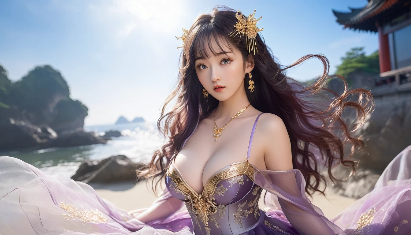 穿着纱丽的女人Strike a pose拍照, Ancient Goddess, Traditional Beauty, if, Beautiful goddess, Gorgeous role-playing, high, Beautiful young girl, Beautiful woman, 华丽Beautiful woman, Complex clothing,Chinese aesthetics, Beautiful Asian girl, Extremely detailed shot of the goddess, Jaw-dropping beauty, Big breasts deep neckline sexy belly button(butt), (bedroom), (Sexy Girls), masterpiece, best quality, 1 girl, Bangs, blush, Chest, clavicle, Eyebrows visible through hair, (Gradient purple gold hair), Jewelry, Long hair, Looking at the audience, Bright Eyes, ring, (solitary), illustration, fashionable, miss, Strike a pose, background, element, confident, Express, Accessories, majestic, striking, key point, Dynamic poses, ((plump)), (black))Woman in transparent dress,Viewer,(((Full breasts, Keeley University))),Slim waist,(Navel exposed,Bare waist), Long hair, extreme detailed details, Detailed fantasy art, Stunning character art, Beautiful and exquisite character art, Beautiful transparent dress, Very detailed, Large Breasts,饱满Chest,Golden ratio figure,Perfect body,Ultra wide-angle shooting,Full body shot,Body close-up,Full body shot,Wearing a pleated tulle skirt,柔和动漫illustration, 柔和的深色background,Fujifilm XT3 Clear focus, f 5.6, High Detail, Clear focus, Dramatic, (Wearing openwork clothing), (Looking at the audience:1.8), (Natural light), (Tempting)translucent, Good velvet quality, Compared, Divine Light,, Silver hair, 天空background, Absolute Strength,Female Shinmei,Girl in sexy silk,,Large Breasts,饱满Chest,Golden ratio figure,Perfect body,Ultra wide-angle shooting,Full body shot,Body close-up,Full body shot, Wearing a tulle dress, Model shooting style, Large Breasts,饱满Chest,Golden ratio figure,Perfect body,(Extremely detailed CG 8k wallpaper unit), The most beautiful artistic photos in the world, , 8K Ultra HD, ) on the beach,Lazy gesture,Charming and seductive expression,best quality,masterpiece,Ultra-high resolution,(Practical:1.4),original photo,Ultra-high resolution