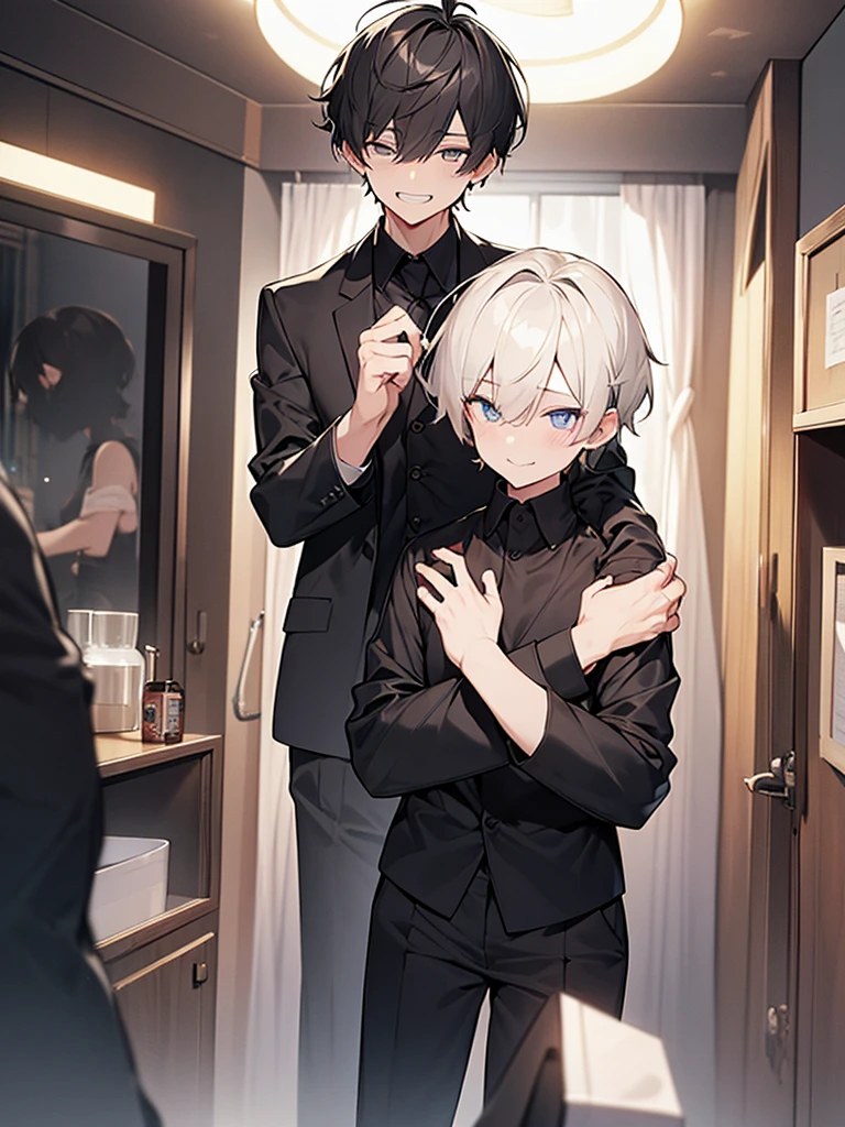 Single male、Short Hair:1.9,Ugly man:1.9、Villain、night、Apartment room、Narrow eyes、He has a bad appearance、Dark circles under the eyes:1.9、Sunken eye sockets、Black around the eyes、Grinning、Lean and muscular、Short-cropped blonde hair、Black nape、White collared shirt、Black suit