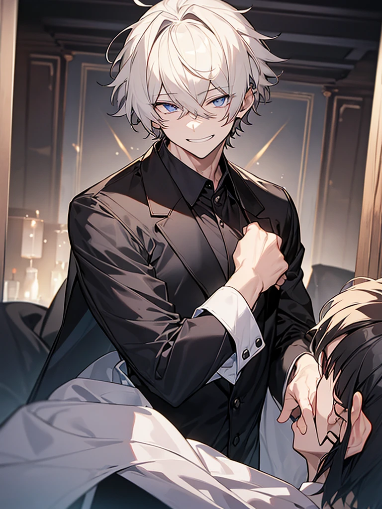 Single male、Short Hair:1.9,Ugly man:1.9、Villain、night、Apartment room、Narrow eyes、He has a bad appearance、Dark circles under the eyes:1.9、Sunken eye sockets、Black around the eyes、Grinning、Lean and muscular、Short-cropped blonde hair、Black nape、White collared shirt、Black suit