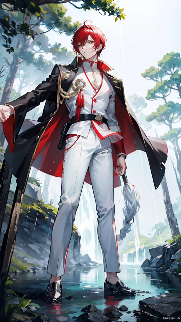 a dashing male anime character with a thin, handsome face, charismatic "shanks" in the "one pice" series wearing a white shirt, red trousers down to his knees, and a black robe, short red hair, with HD resolution, 4k anime with background behind the forest and the water, the rain that falls, wets it.