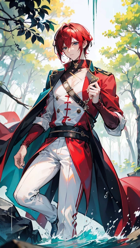 a dashing male anime character with a thin, handsome face, charismatic "shanks" in the "one pice" series wearing a white shirt, red trousers down to his knees, and a black robe, short red hair, with HD resolution, 4k anime with background behind the forest and the water, the rain that falls, wets it.
