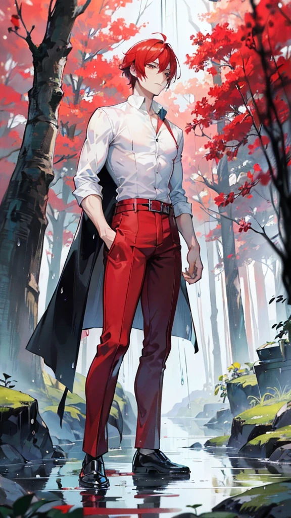 a dashing male anime character with a thin, handsome face, charismatic "shanks" in the "one pice" series wearing a white shirt, red trousers down to his knees, and a black robe, short red hair, with HD resolution, 4k anime with background behind the forest and the water, the rain that falls, wets it.