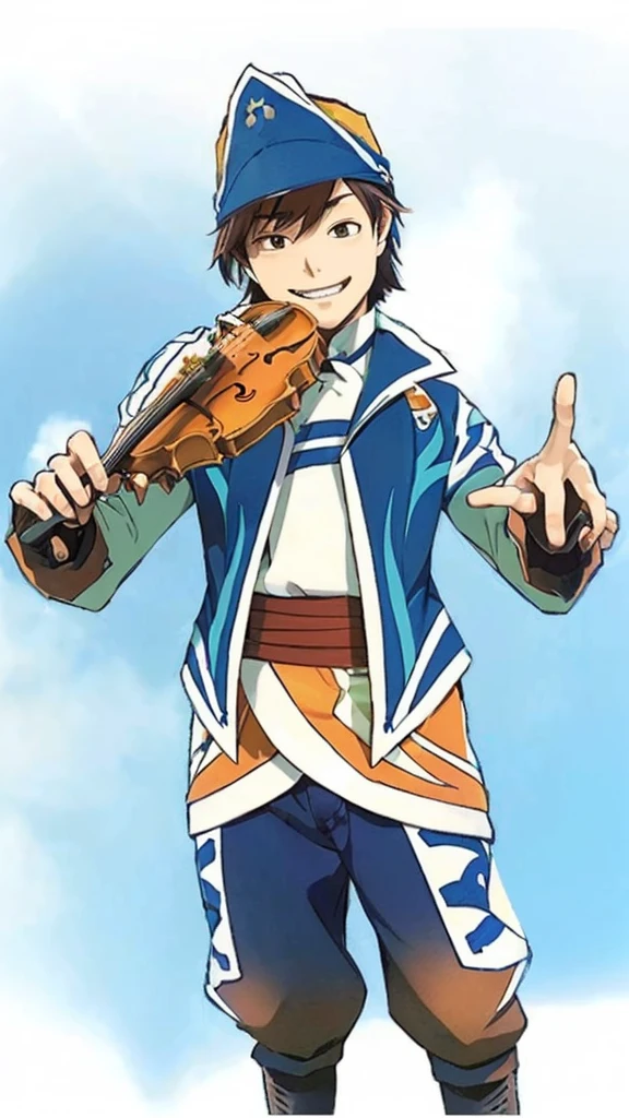 a close up of a person holding a violin in their hand, umanosuke iida, fukaya yuichiro, takumi fujiwara, key anime art, wataru kajika, aqua from konosuba, ryuta ueda artwork, official art, furio tedesschi, photo of breeze kaze, kentaro miura art style BoBoiBoy realistic 3d