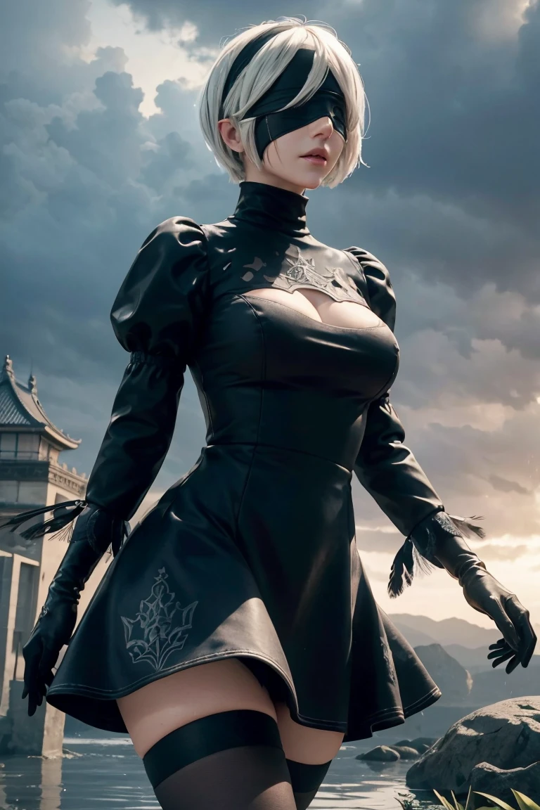 2B Nier Automata,Bobcut, Gray Hair,Long sleeve, Juliet Sleeve, White gloves, turtleneck, bangs, Feather ornament, Feather ornament sleeves, Blindfold, Black Goth Dress,Japanese Ultra HD,super high quality,masterpiece,Digital SLR,Photorealistic,Detailed details,Vivid details,Depicted in detail,A detailed face,Detailed details,Super Detail,Realistic skin texture,Anatomical basis,Perfect Anatomy,Anatomically correct hand,Anatomically correct fingers,Complex 3D rendering,Sexy pose,Rainy Sky,Beautiful scenery,Fantastic rainy sky,Fantasy worldview,Picturesque,Pink Lips,Black butterfly々Fluttering,Black Rose Field,
