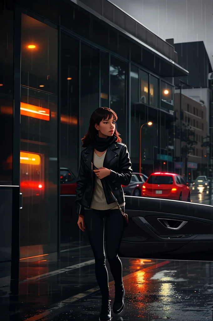 A young woman taking a trip in a black car on a rainy road 