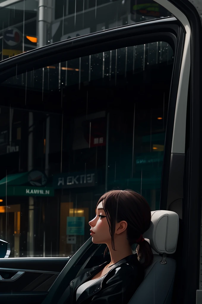 A young woman taking a trip in a black car on a rainy road