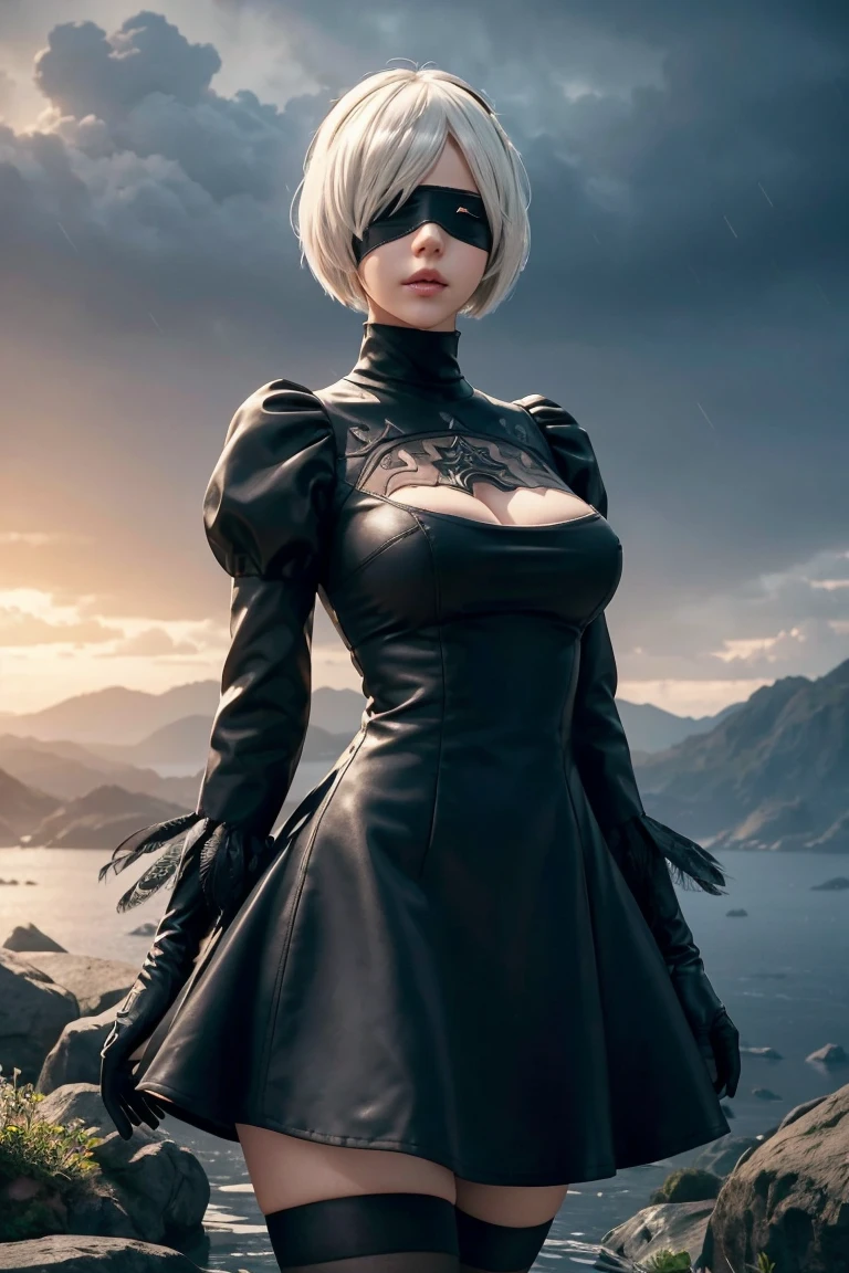 2B Nier Automata,Bobcut, Gray Hair,Long sleeve, Juliet Sleeve, White gloves, turtleneck, bangs, Feather ornament, Feather ornament sleeves, Blindfold, Black Goth Dress,Japanese Ultra HD,super high quality,masterpiece,Digital SLR,Photorealistic,Detailed details,Vivid details,Depicted in detail,A detailed face,Detailed details,Super Detail,Realistic skin texture,Anatomical basis,Perfect Anatomy,Anatomically correct hand,Anatomically correct fingers,Complex 3D rendering,Sexy pose,Rainy Sky,Beautiful scenery,Fantastic rainy sky,Fantasy worldview,Picturesque,Pink Lips,Black butterfly々Fluttering,Black Rose Field,