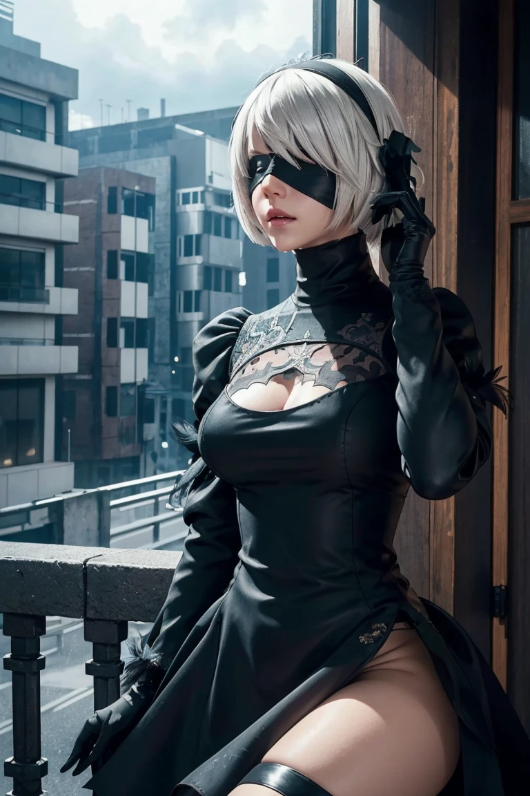 2B Nier Automata,Bobcut, Gray Hair,Long sleeve, Juliet Sleeve, White gloves, turtleneck, bangs, Feather ornament, Feather ornament sleeves, fold, Black Goth Dress,Japanese Ultra HD,super high quality,masterpiece,Digital SLR,Photorealistic,Detailed details,Vivid details,Depicted in detail,A detailed face,Detailed details,Super Detail,Realistic skin texture,Anatomical basis,Perfect Anatomy,Anatomically correct hand,Anatomically correct fingers,Complex 3D rendering,Sexy e,Rainy Sky,Beautiful scenery,Fantastic rainy sky,Fantasy worldview,Picturesque,Pink Lips,Black butterfluttering,Black Rose Field,