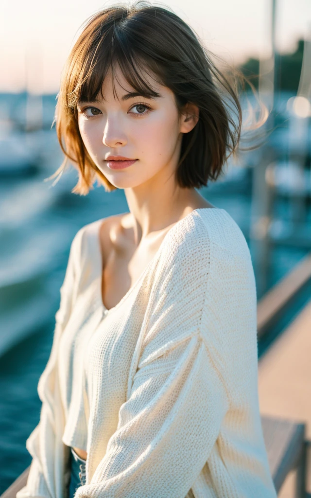 masterpiece, Best Quality, 8K, 1 girl, yacht harbor at dusk, 18 yo, medium breasts, mouth slightly open, cute little, Solo, sad, Clothes suitable for autumn, Cute, Girly, Delicate girl, Neat and clean beauty, Raw photo, Professional Photography, Portrait, Soft light, Professional Lighting, Back lighting, Upper body, see the beholder, Sophisticated, Film grain, (Eyes and faces with detailed:1.0), Short hair swaying in the wind, beautiful flowing brown hair, bangs