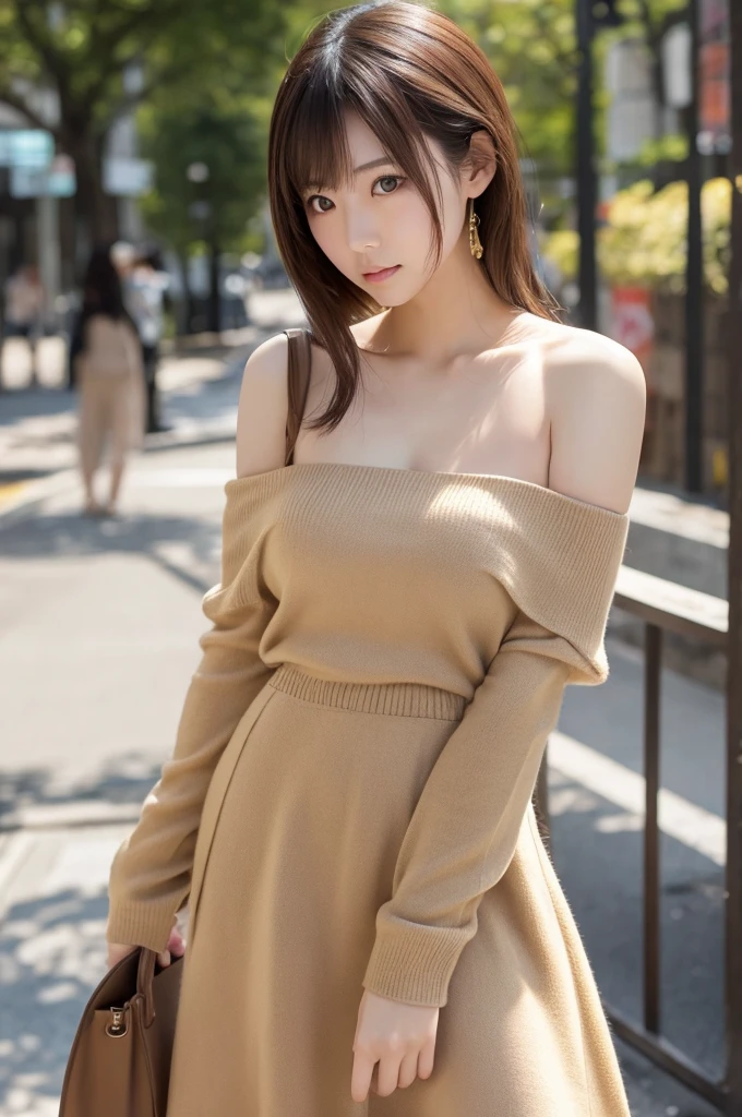 Pale-skinned Japanese . She is wearing a beige cold shoulder,