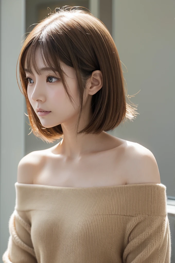 Pale-skinned Japanese . She is wearing a beige cold shoulder,