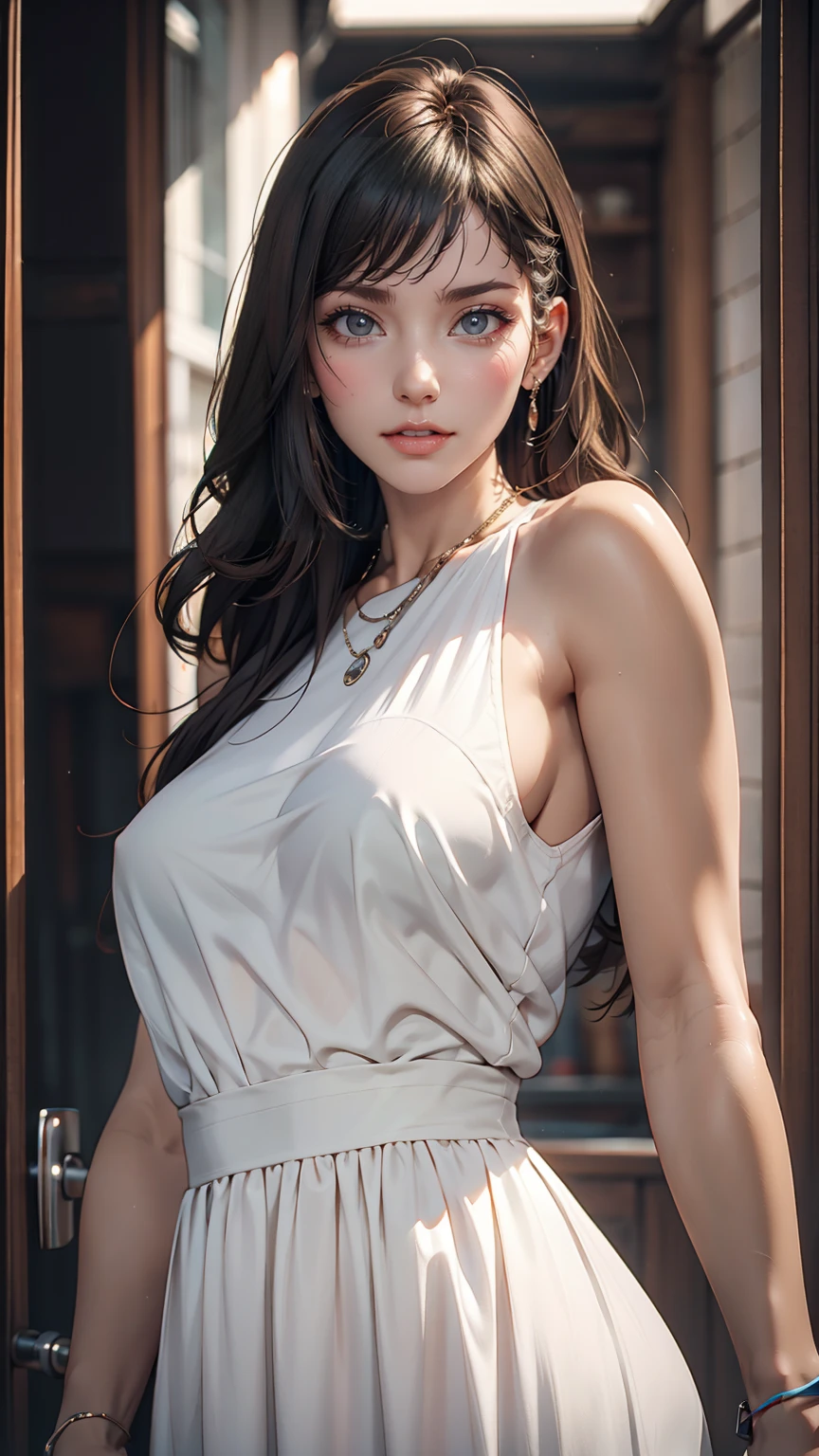 Highest quality, masterpiece, Ultra-high resolution, (Realistic: 1.4), (see off: 1.4), (see off: 1.4), Don't look at the camera, RAW Photos, One Girl, Black Hair, (Straight Bob: 1.4), (Patsun: 1.4), bangs, smile, Shiny skin, Dramatic lighting, Neat, T-Shirts, Whitesummer sweater, (big: 0.9), garden