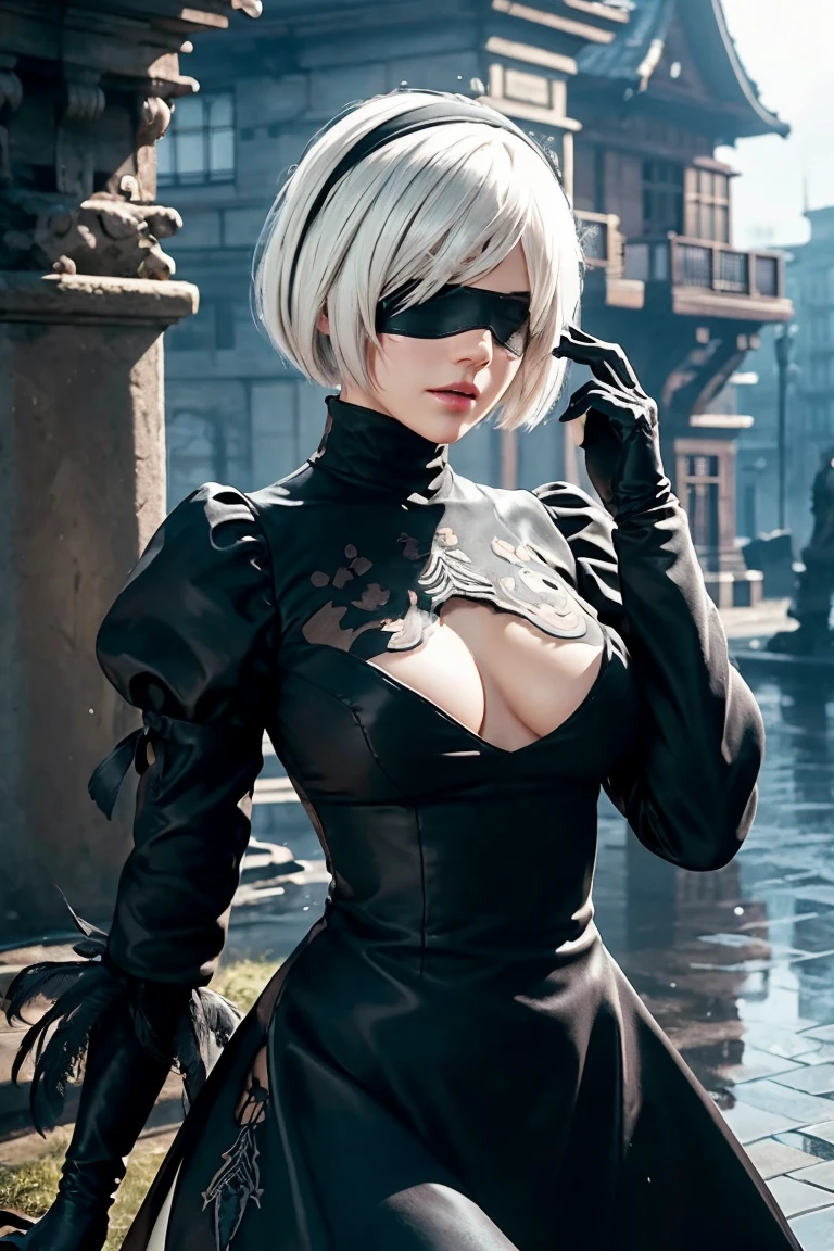 2B Nier Automata,Bobcut, Gray Hair,Long sleeve, Juliet Sleeve, White gloves, turtleneck, bangs, Feather ornament, Feather ornament sleeves, Blindfold, Black Goth Dress,Japanese Ultra HD,super high quality,masterpiece,Digital SLR,Photorealistic,Detailed details,Vivid details,Depicted in detail,A detailed face,Detailed details,Super Detail,Realistic skin texture,Anatomical basis,Perfect Anatomy,Anatomically correct hand,Anatomically correct fingers,Complex 3D rendering,Sexy pose,Rainy Sky,Beautiful scenery,Fantastic rainy sky,Fantasy worldview,Picturesque,Pink Lips,Black butterfly々Fluttering,Black Rose Field,