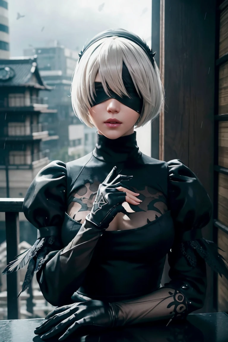 2B Nier Automata,Bobcut, Gray Hair,Long sleeve, Juliet Sleeve, White gloves, turtleneck, bangs, Feather ornament, Feather ornament sleeves, Blindfold, Black Goth Dress,Japanese Ultra HD,super high quality,masterpiece,Digital SLR,Photorealistic,Detailed details,Vivid details,Depicted in detail,A detailed face,Detailed details,Super Detail,Realistic skin texture,Anatomical basis,Perfect Anatomy,Anatomically correct hand,Anatomically correct fingers,Complex 3D rendering,Sexy pose,Rainy Sky,Beautiful scenery,Fantastic rainy sky,Fantasy worldview,Picturesque,Pink Lips,Black butterfly々Fluttering,Black Rose Field,