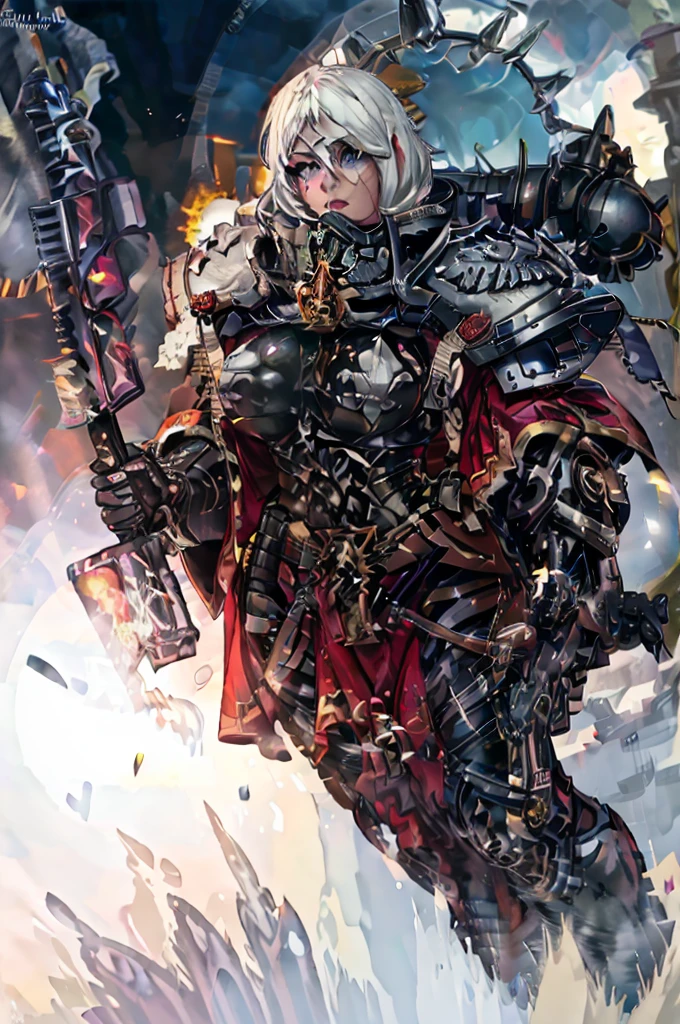 Warhammer 40K Sisters of Battle, short white hair, athletic female sexy body, warhammer 40 000, stockings, nude big tits