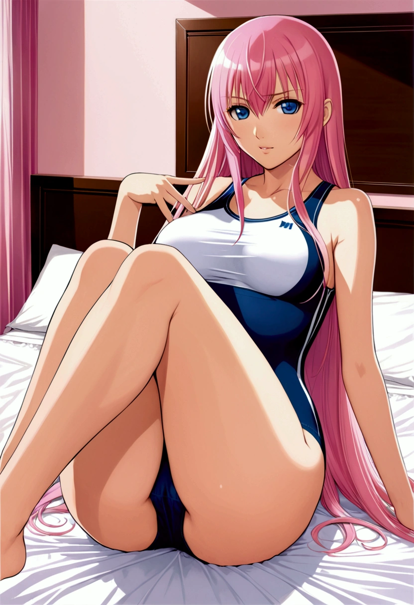 ((masterpiece)),(Detailed and beautiful depiction),Official Art,Beautiful adult woman,Megurine Luka,Pink long hair,blue eyes,Big Breasts,School Swimsuit,A direct and close look at the vagina,Spread your legs,sit,Erotic Seduction:2.0,Embarrassing gesture,bedroom