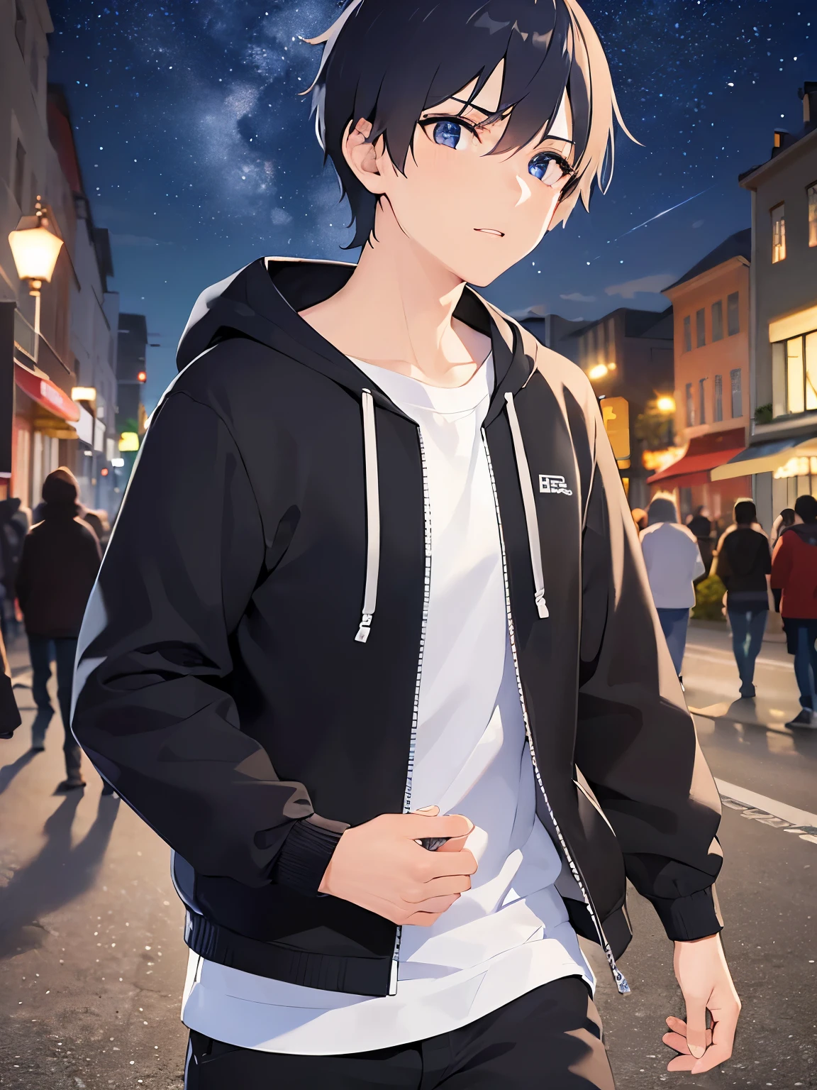 (running:1.5)(looking away:1.5)、upper body、Side shot shiny skin, masterpiece、Highest quality、(25-year-old male:1.5) and (Black short hair) and (blue eyes) black hoodie,Running in the background of a night park、Sweat、(Night Sky:1.5),grass、wood、Street lamp
