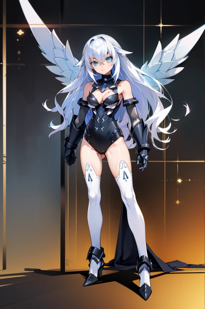 ((detailed), high_quality, master_quality, (realistic), (full_body), standing, 8k, masterpiece, (Black_Heart), white_hair, medium_breasts, sexy, BlackHeartBase, symbol-shaped pupils, black leotard, elbow gloves, (melusine), black thighhighs, armor, armored dress, (blue armor), breastplate, gloves, mask, pauldrons, shoulder armor, high_heels