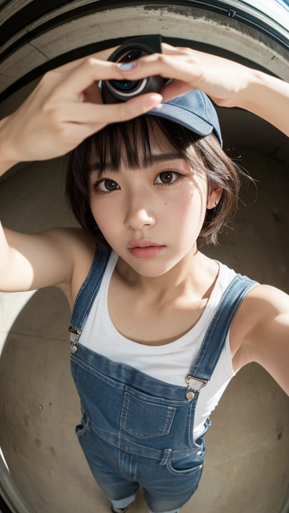 masterpiece, Highest quality, Very detailed, 8K, Realistic, One Girl, alone, ((Face close-up:1.4)),Tomboy, Very detailed face, (Selfie taken from above with a fisheye lens:1.4), Standing in front of a wall covered in hip hop graffiti, Short-cut gray hair, He is wearing a short tank top and an open-zipped hoodie....,I can see your chest,Overalls,Put on a cap,look forward to