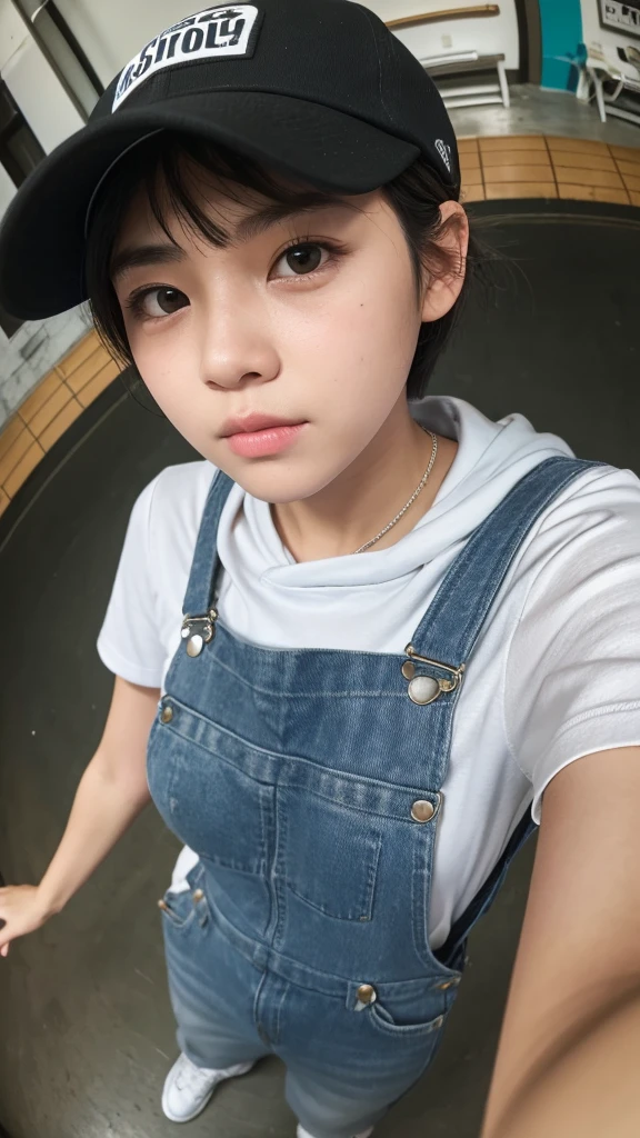 masterpiece, Highest quality, Very detailed, 8K, Realistic, One Girl, alone, ((Face close-up:1.4)),Tomboy, Very detailed face, (Selfie taken from above with a fisheye lens:1.4), Standing in front of a wall covered in hip hop graffiti, Short-cut gray hair, He is wearing a short tank top and an open-zipped hoodie....,I can see your chest,Overalls,Put on a cap,look forward to