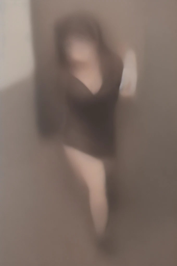 Anime girl with lusty look long black hair and short dress shoeing cleavage 