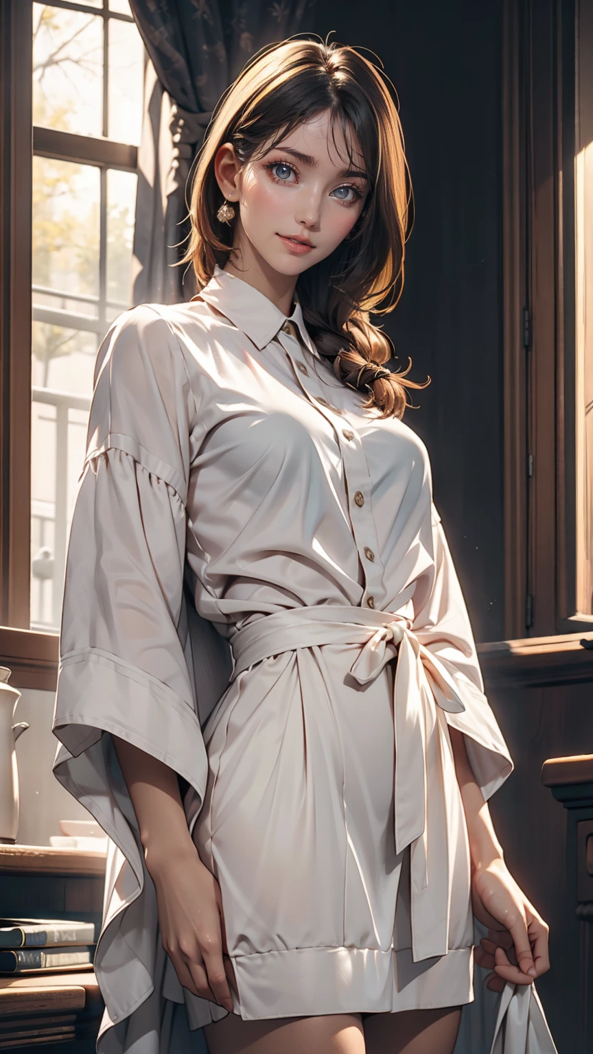 Highest quality, masterpiece, Ultra-high resolution, (Realistic: 1.4), (see off: 1.4), (see off: 1.4), Don't look at the camera, RAW Photos, One Girl, Black Hair, (Straight Bob: 1.4), (Patsun: 1.4), bangs, smile, Shiny skin, Dramatic lighting, Neat, T-Shirts, Whitesummer sweater, (big: 0.9), garden
