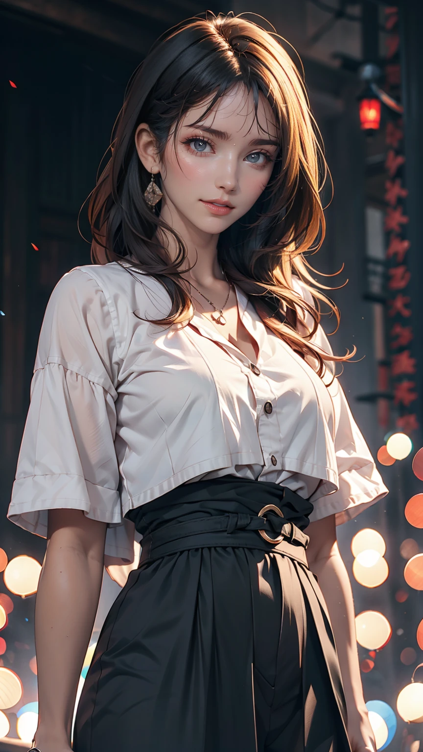 Highest quality, masterpiece, Ultra-high resolution, (Realistic: 1.4), (see off: 1.4), (see off: 1.4), Don't look at the camera, RAW Photos, One Girl, Black Hair, (Straight Bob: 1.4), (Patsun: 1.4), bangs, smile, Shiny skin, Dramatic lighting, Neat, T-Shirts, Whitesummer sweater, (big: 0.9), garden