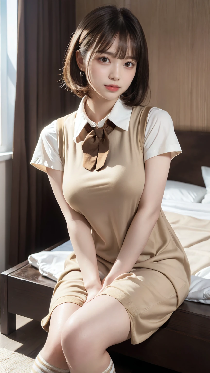 (absurdres:1.3), (highres:1.3), (ultra detailed:1.3),(1girl:1.3), (extremely detailed CG unity 8k wallpaper:1.3), (detailed skin texture, detailed cloth texture, detailed hair texture), (beautiful detailed face, supermodel, pale skin, realistic glistening skin), (RAW photo, best quality), (realistic, photo-realistic:1.4), masterpiece, extremely delicate and beautiful,Amazing, finely detail, extremely detailed CG unity 8k wallpaper, huge filesize, ultra-detailed, highres, absurdres, soft light,rim light, vibrant details, hotel room, short bob hair, (large breasts:1.2), black hair color, Big Natural Color Lip, (perfect body shape), beautiful legs, BREAK (beige and brown theme:1.5), (school uniform:1.2), (fit body:1.3), (fusion of collared-shirt and beige and brown vertical stripe pattern sundress:1.5), (beige collar with brown tie:1.4), ((short sleeve, bare arms):1.3), (beige socks:1.2), (loafers:1.1), crying a little、little smile, Harajuku style、20 year old girl、cute type、lolita、