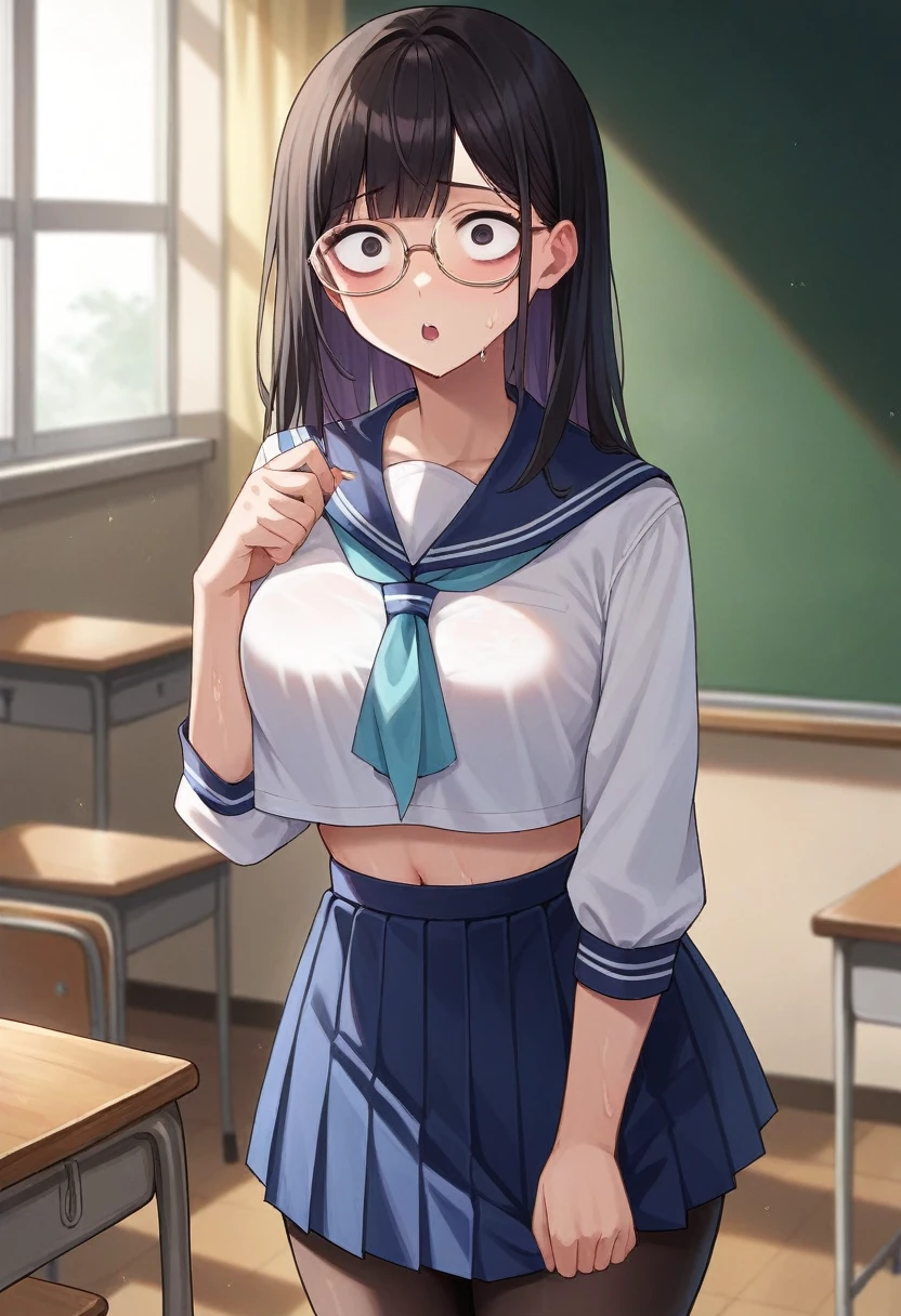 score_9, score_8_up, score_7_up, score_6_up, score_5_up, score_4_up, (source_anime), Delicate beautiful girl, tactile hair, black hair, glasses, classroom, big hip, sailor suit, Pleated skirt, black pantyhose, brainwashed, hollow eyes, sweaty, Turn your ass, ahegao(((NSFW)))((question mark))((lower body))