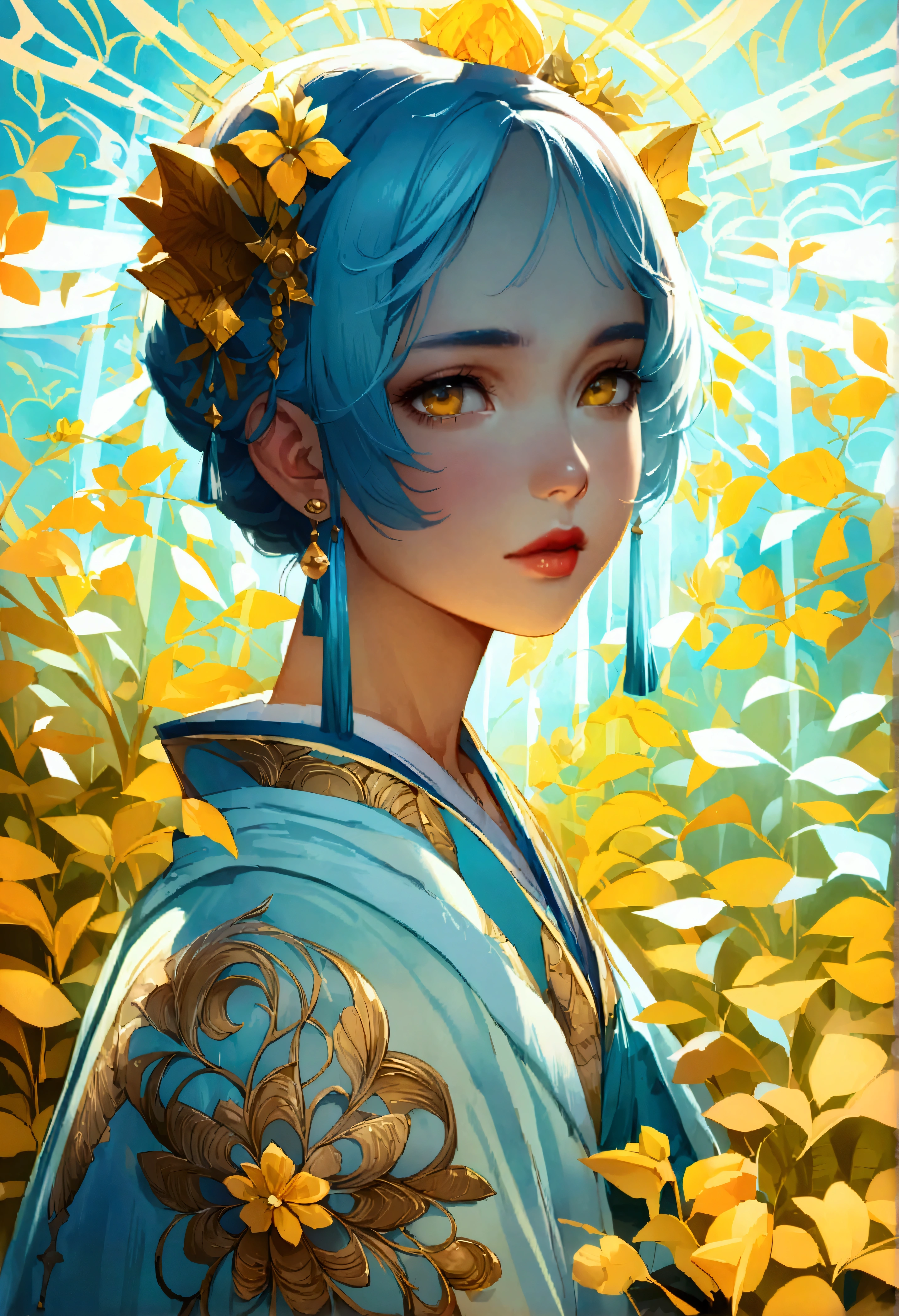 masterpiece、8k high quality detailed、High resolution、anime、、An illustration \(Artbook\)、photograph \(woman\)、、marina_bluearchive、short hair、Blonde Hair、Yellow Eyes、Halo、chest、大きなchest、detailed_face、、Hanfu、(収穫と希望を意味する雪模様で飾られた白いHanfu:1.2)、(empathy: Lowered eyebrows、A gentle gaze that suggests sympathy or understanding)、((Arms stretched above head, reaching for the sky))、(、Realistic clothing texture、Realistic skin texture)、solo、