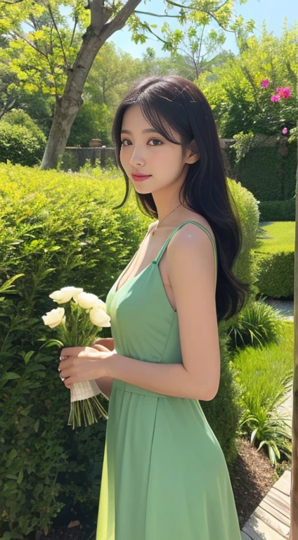 Please draw an elegant beautiful woman holding a bouquet of flowers.。She is wearing a green dress、standing in the garden。Black Hair