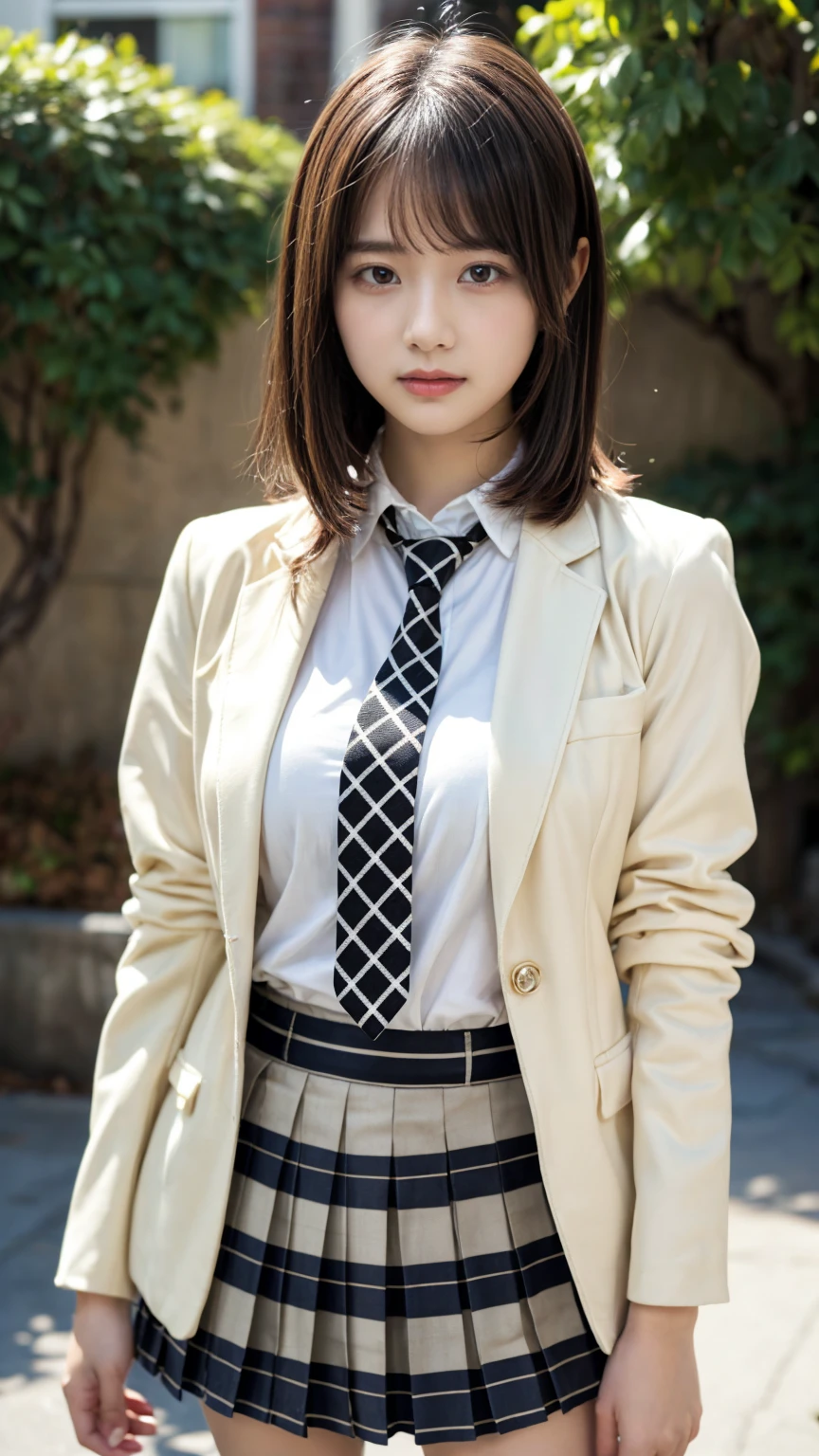 (absurdres:1.3), (highres:1.3), (ultra detailed:1.3),(1girl:1.3), (extremely detailed CG unity 8k wallpaper:1.3), (detailed skin texture, detailed cloth texture, detailed hair texture), (beautiful detailed face, supermodel, pale skin, realistic glistening skin), (RAW photo, best quality), (realistic, photo-realistic:1.4), masterpiece, extremely delicate and beautiful,Amazing, finely detail, extremely detailed CG unity 8k wallpaper, huge filesize, ultra-detailed, highres, absurdres, soft light,rim light, vibrant details, short bob hair, large breasts, black hair color, Big Natural Color Lip, (perfect body shape), beautiful legs, BREAK (Ivory-white theme:1.4), (Ivory-white blazer:1.4), (school uniform:1.2), (long sleeve:1.2), (white shirt:1.3), (white socks:1.2),

BREAK (black and white theme:1.2), (black and white stripes tie:1.3), (black and white tartan-check pleated skirt:1.2), 

BREAK (brown loafers:1.2), crying a little、little smile, Harajuku style、20 year old girl、cute type、lolita、standing