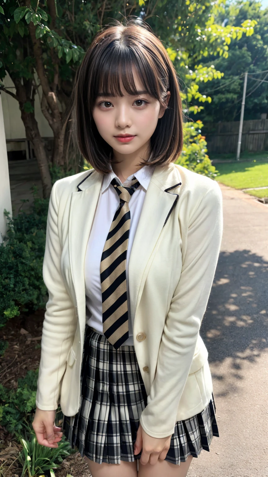 (absurdres:1.3), (highres:1.3), (ultra detailed:1.3),(1girl:1.3), (extremely detailed CG unity 8k wallpaper:1.3), (detailed skin texture, detailed cloth texture, detailed hair texture), (beautiful detailed face, supermodel, pale skin, realistic glistening skin), (RAW photo, best quality), (realistic, photo-realistic:1.4), masterpiece, extremely delicate and beautiful,Amazing, finely detail, extremely detailed CG unity 8k wallpaper, huge filesize, ultra-detailed, highres, absurdres, soft light,rim light, vibrant details, short bob hair, large breasts, black hair color, Big Natural Color Lip, (perfect body shape), beautiful legs, BREAK (Ivory-white theme:1.4), (Ivory-white blazer:1.4), (school uniform:1.2), (long sleeve:1.2), (white shirt:1.3), (white socks:1.2),
BREAK (black and white theme:1.2), (black and white stripes tie:1.3), (black and white tartan-check pleated skirt:1.2),
BREAK (brown loafers:1.2), crying a little、little smile, Harajuku style、20 year old girl、cute type、lolita、standing