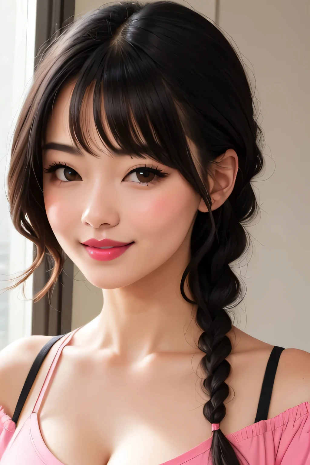 Sexy and cute woman, woman in love, black hair braided, very seductive and soft eyes, blushing hard, pink lips parted, seductive smile, long neck, collarbone, medium chest, cleavage, off shoulder t shirt, no straps, bare shoulders