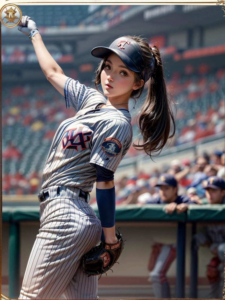 masterpiece,Highest quality,8K,High resolution,Raw photo,Professional,
Physically Based Rendering,Thin contours,
(Tarot cards. Frame and background are rounded. Detailed frame with floral motifs.:1.3) Two-digit Roman numerals,
Baseball stadium at night, beauty league game, bright with stadium lights (Many spectators:1.1),
One beautiful woman, perfect face and body, detailed face, perfect anatomy, live action photos
(Beautiful woman swinging the bat in the batter's box:1.2)
Front view of beautiful woman
(Baseball Player Uniforms),