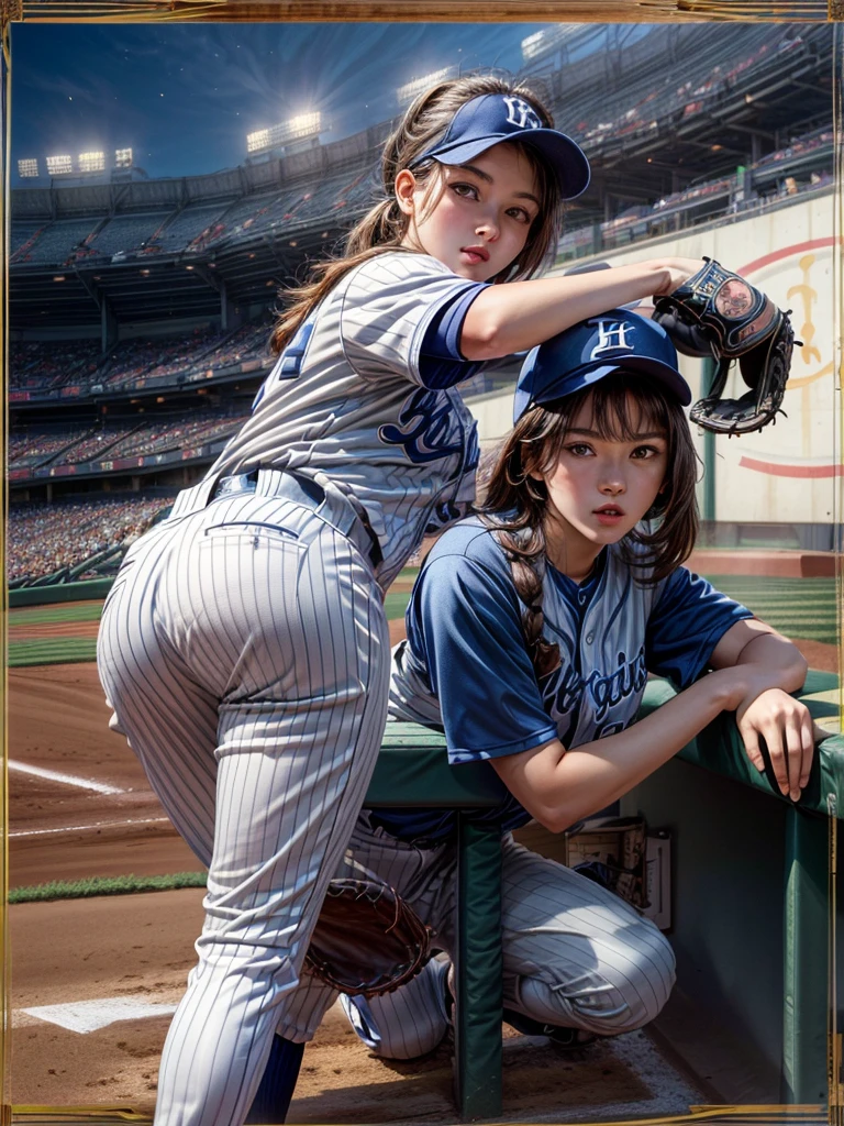 masterpiece,Highest quality,8K,High resolution,Raw photo,Professional,
Physically Based Rendering,Thin contours,
(Tarot cards. Frame and background are rounded. Detailed frame with floral motifs.:1.3) Two-digit Roman numerals,
Baseball stadium at night, beauty league game, bright with stadium lights (Many spectators:1.1),
One beautiful woman, perfect face and body, detailed face, perfect anatomy, live action photos
(Beautiful woman swinging the bat in the batter&#39;s box:1.2)
Front view of beautiful woman
(Baseball Player Uniforms),