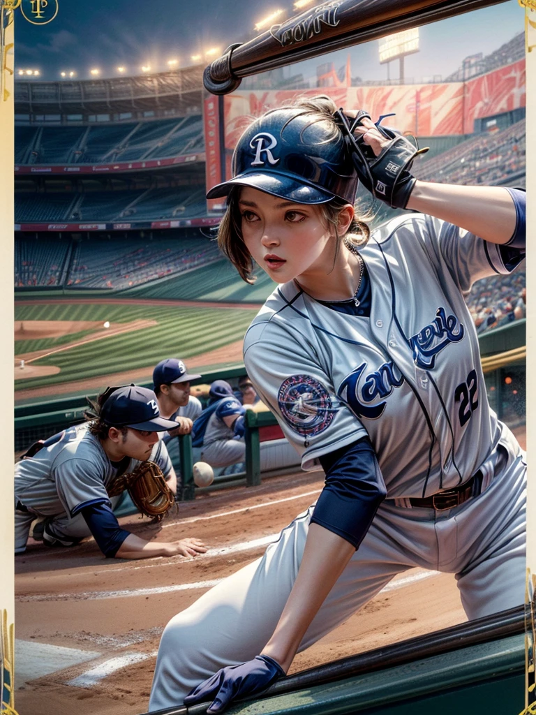 masterpiece,Highest quality,8K,High resolution,Raw photo,Professional,
Physically Based Rendering,Thin contours,
(Tarot cards. Frame and background are rounded. Detailed frame with floral motifs.:1.3) Two-digit Roman numerals,
Baseball stadium at night, beauty league game, bright with stadium lights (Many spectators:1.1),
One beautiful woman, perfect face and body, detailed face, perfect anatomy, live action photos
(Beautiful woman swinging the bat in the batter&#39;s box:1.2)
Front view of beautiful woman
(Baseball Player Uniforms),