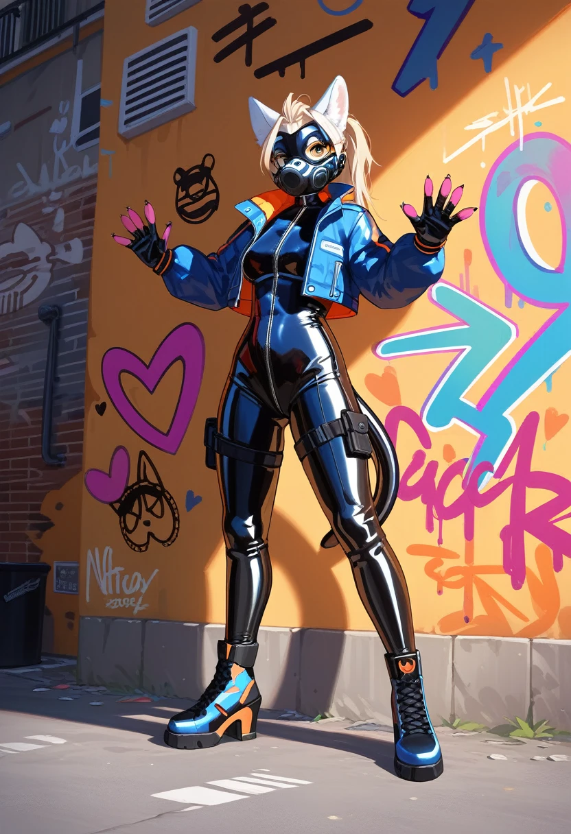 animation, Highest quality, Highest quality, High quality illustrations, masterpiece, Ultra-high resolution, Detailed Background, Alley, Graffiti art on the wall, Absurd, Perfect Anatomy, performance, Good lighting, Shadows in the movies(kemono, Furry Personifi猫ion), Rubber suit, latex, neon, neonライト, neonカラー, Bodysuits, Cyber Suit, Leather Half Jacket, cyber punk, Leaning against the wall, Rubber mask