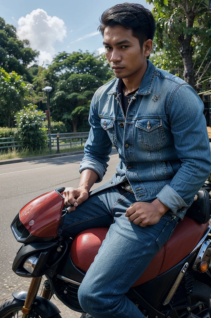 a 30 year old Indonesian man sitting on a red sports motorbike. The person was wearing blue jeans and a matching denim jacket with patches on the sleeves. The motorbike has sleek lines and is parked outdoors, perhaps on the side of the road with a backdrop of greenery, showing a relaxed ride through a scenic route.hyper realisic, real, 5d