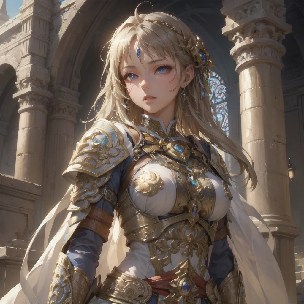 masterpiece, (textured skin), best quality, gorgeous beautiful girl, (a female game hero),detailed clothes,large ,narrow waist,, (beautiful face), cinematic lighting, (fantasy anime art ),