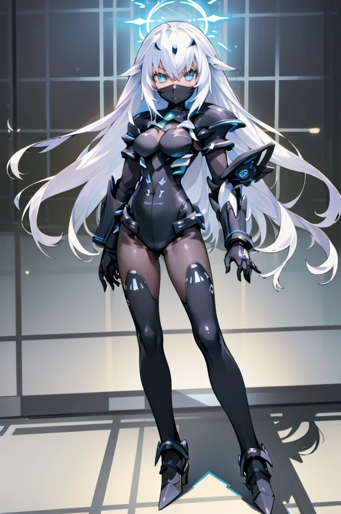 ((detailed), high_quality, master_quality, (realistic), (full_body), standing, 8k, masterpiece, (Black_Heart), white_hair, medium_breasts, sexy, BlackHeartBase, symbol-shaped pupils, black leotard, elbow gloves, (melusine), 1stascend, black thighhighs, armor, armored dress, (blue armor), breastplate, gloves, mask, pauldrons, shoulder armor, high_heels