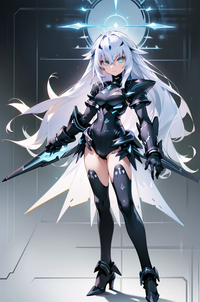 ((detailed), high_quality, master_quality, (realistic), (full_body), standing, 8k, masterpiece, (Black_Heart), white_hair, medium_breasts, sexy, BlackHeartBase, symbol-shaped pupils, black leotard, elbow gloves, (melusine), 1stascend, black thighhighs, armor, armored dress, (blue armor), breastplate, gloves, mask, pauldrons, shoulder armor, high_heels