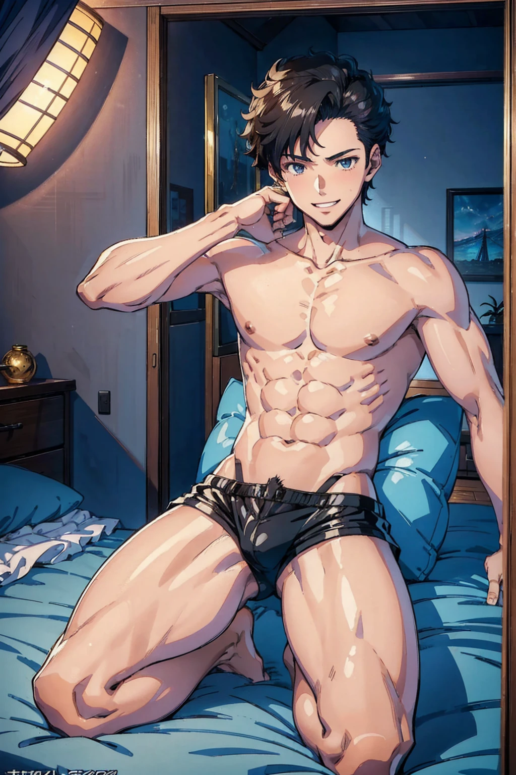 ((8K:1.2),masterpiece, Highest quality, Ultra-high resolution:1.25) beautiful boy anime face, sweet body, no muscular body, 16 old a boy, high school student boy, face and body emphasis, (gay anime hentai), tall boy, no underwear, bedroom alone, sexy pose, (blushing and smile face, shirtless body), short hair, black eyes, leather shorts, high leg string, want sex, prostitute boy, full body, crotch emphasis, crotch touching,