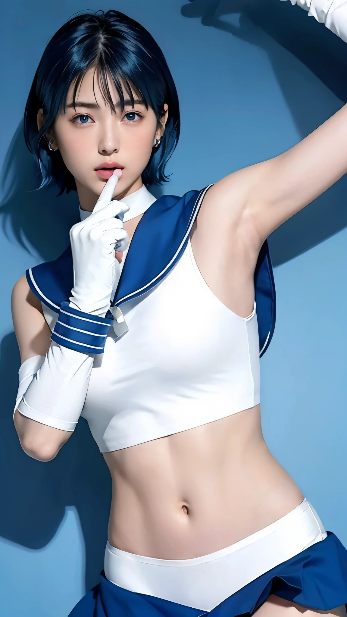 masterpiece、high quality、High resolution、Realistic、professional lighting、Japanese、woman、cute、young、White skin、slender、,(Blue Hair:1.3), short hair,  (Nice hands, sexy, slim, Large Breasts, skinny, Tight waist, Human Anatomy:1.1)blue eyes, Sailor Warrior Uniforms, Blue sailor collar, bow, Knee Boots, choker, (White gloves:1.3), blue choker, (elbow gloves:1.3), jewelry, Earrings, Blue Skirt,open arms、whole body、White background