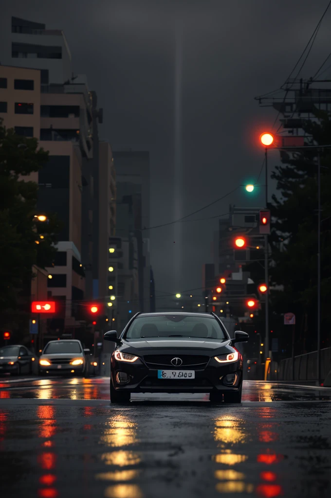 A black car on a rainy road