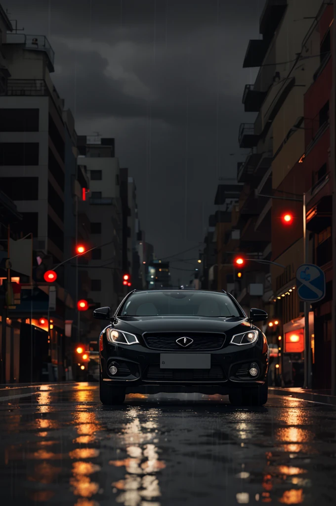 A black car on a rainy road