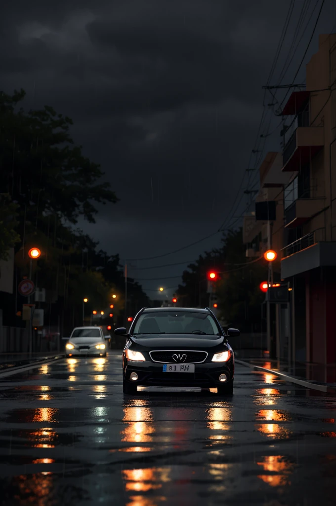 A black car on a rainy road 