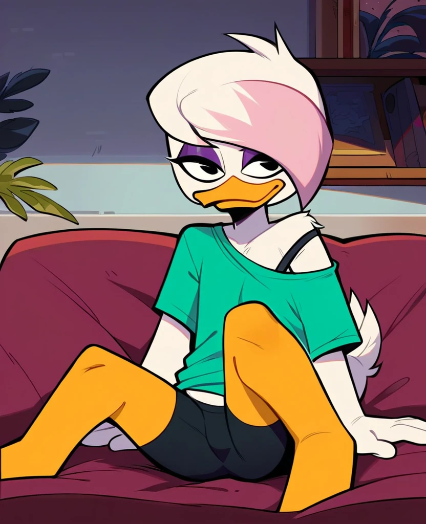 score_9, score_8_up, score_7_up, score_6_up, best quality, highres, source_furry, source_cartoon
1girl, female, solo, furry, inside, living room, duck, beak, lena sabrewing, young, , white skin, white hair, pink highlights, short hair, orange legs, black eyes, purple eyeshadow, green t-shirt, bra strap, off shoulder, bike shorts, provocative pose, sitting on sofa, looking front

This character is a young female furry duck with white skin and short white hair accented with pink highlights. She has orange legs and a beak, along with striking black eyes enhanced with purple eyeshadow. Dressed in a green t-shirt that slips off one shoulder to reveal a bra strap, she also wears bike shorts. The character is sitting provocatively on a sofa in a living room, gazing directly forward with a confident and alluring expression.